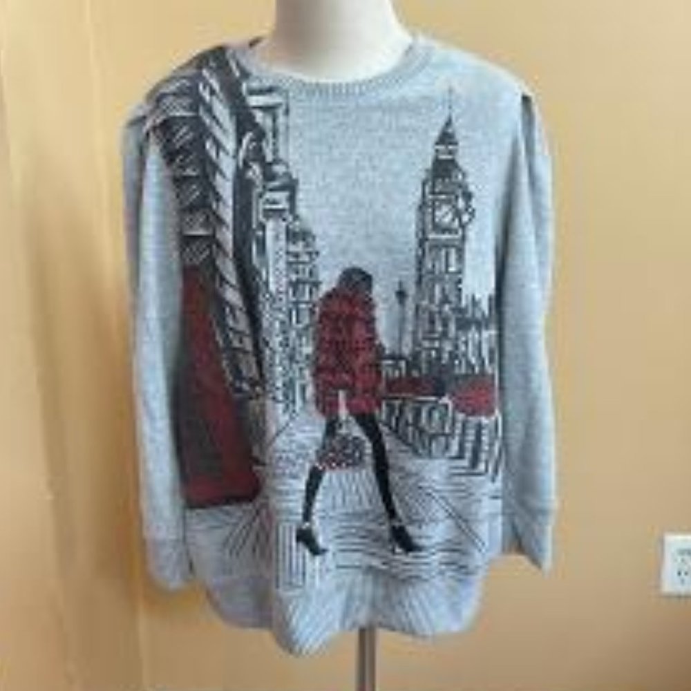 NWOT Gray Sweater With London Scene&Embellishment Size 1X